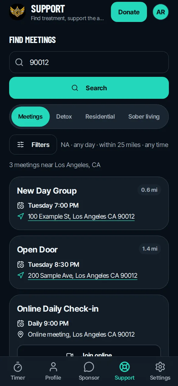 Meetings found near a ZIP code on the Support tab (demo results)